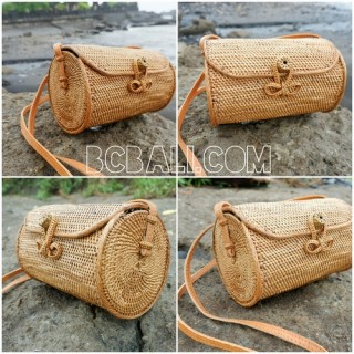 large cylinder handbag style handmade full woven grass straw rattan strap